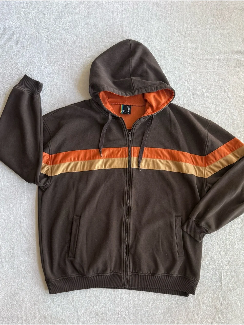 Bluez Brown Retro Stripe Full Zip Hoodie Jacket Men’s 2XL Casual Streetwear